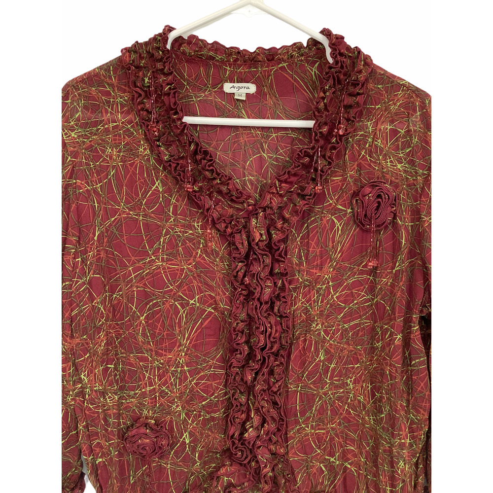 Agora Mauve Rose Geometric Ruffled Blouse Medium - Picture 3 of 9